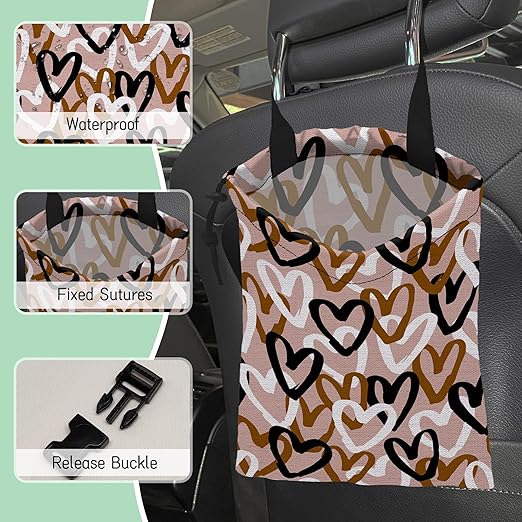 Romantic Hearts Car Trash Bag,Hanging Drawstring Car Garbage Bag,Waterproof Canvas Car Back Seat Organizer with Adjustable Buckle,for Vehicles,SUVs,Camping,Road Trips