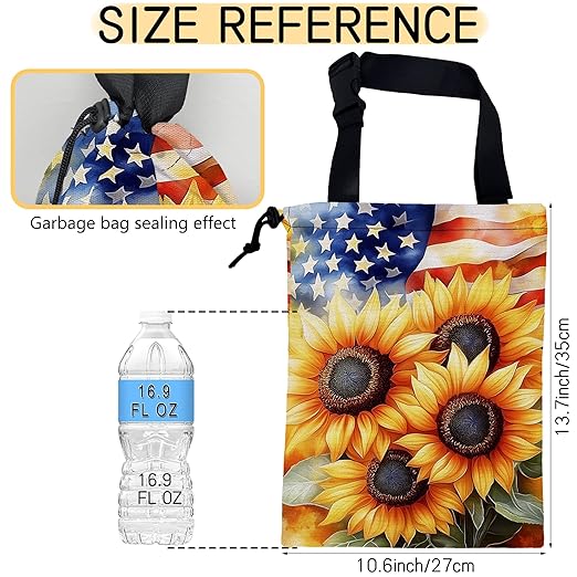 Sunflowers on American Flag Car Garbage Bag, Small Car Trash Bag Hanging Back of Seat,Drawstring Car Trash Bag with Adjustable Buckle,Car Accessories for Camping Travelling