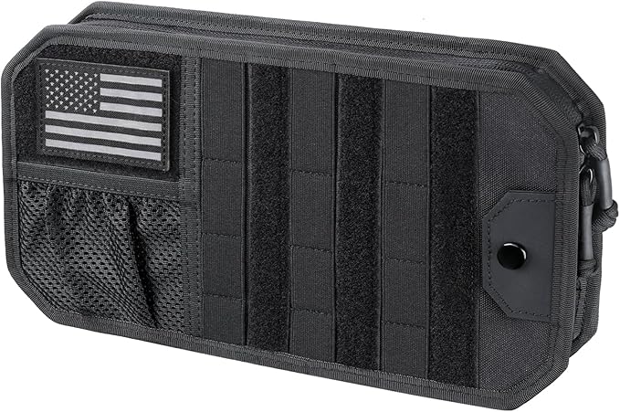 LIVANS Tactical Car Sun Visor Organizer, Automotive Semi-Rigid MOLLE Panel with Zipper Storage Pouch & Glasses Clip, Universal Fit for Trucks, SUVs, Jeeps & Patrol Vehicles (Black)