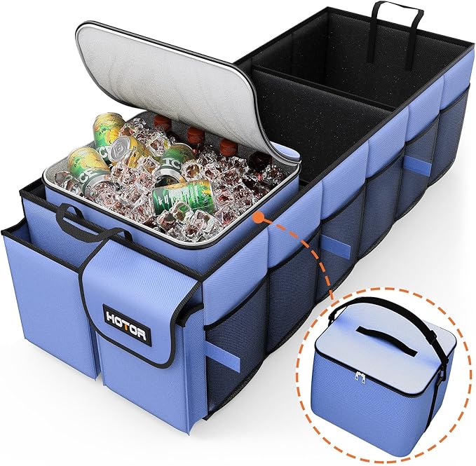 HOTOR Trunk Organizer, Sturdy Foldable with Cooler for Car & SUV, 3 Compartments, Blue, 30.90”×12.60”×10.63”
