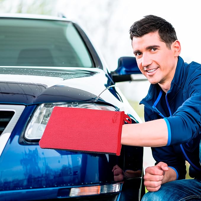 TAKAVU Auto Detailing Clay Mitt 1 Pack 9.7x6.3 inches, Magic Clay Bar Mitt Premium Mesh and Microfiber for Remove Dirts Mud Grime, Car Cleaning Detail Glass Wheel Windshield (Red)