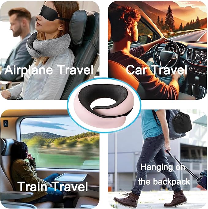Neck Pillow for Traveling, Travel Neck Pillow for Airplanes, 100% Pure Memory Foam, 360° Support Stowable Pillows for Sleeping, Breathable & Washable Cover, Compact for Travel, Car & Office (Pink)