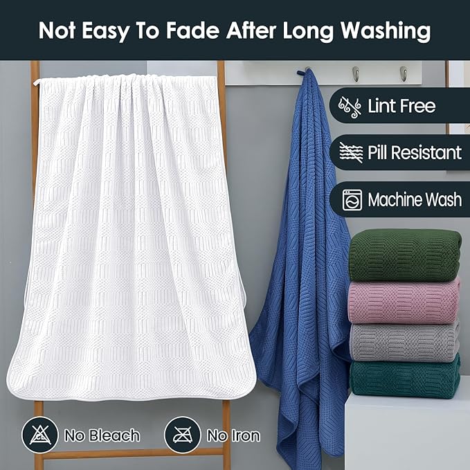 JML Bath Towels Set, Large Microfiber Body Towel for Adult, 2 Pack, 30" x 60", Oversized, Soft, Super Absorbent, Fast Drying, Use for Sport, Fitness, Yoga, Fleece Diamond Cross Grid White