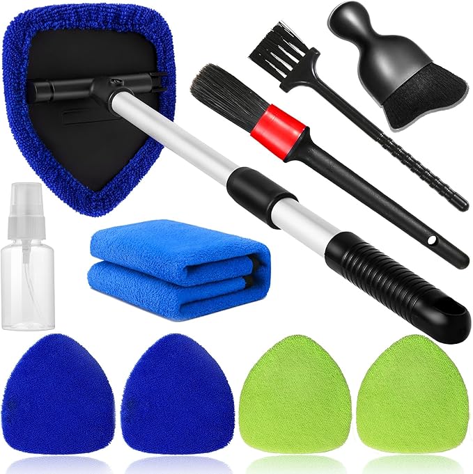 10pcs Windshield Cleaning Tool Inside Car Window Cleaner Wash Kit with 4 Reusable Microfiber Pads 1 Spray Bottle and Extendable Handle Interior Auto Glass Wiper Kit, Blue&Green