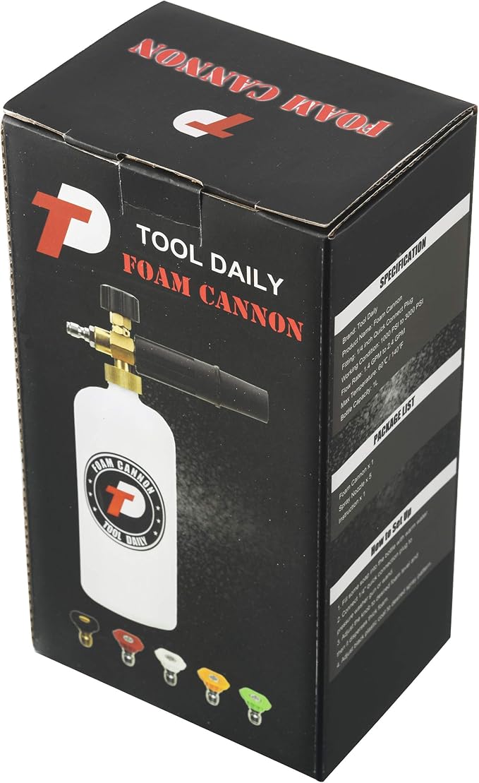 Tool Daily Foam Cannon with 1/4 Inch Quick Connector, 1 Liter, 5 Pressure Washer Nozzle Tips