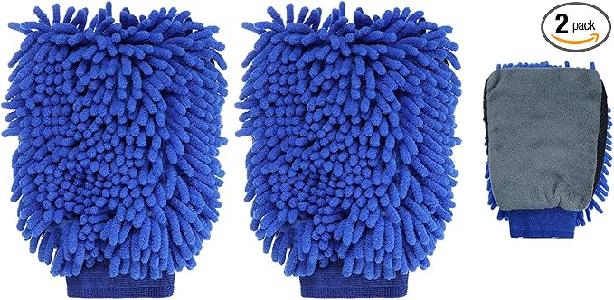 HARFINGTON 2pcs Chenille Microfiber Car Wash Mitts 9.8" x 7.9" Scratch Free Wash Gloves Absorbent Double Sided Plush Cleaning Drying Mitts for Car Washing Home Clean, Blue