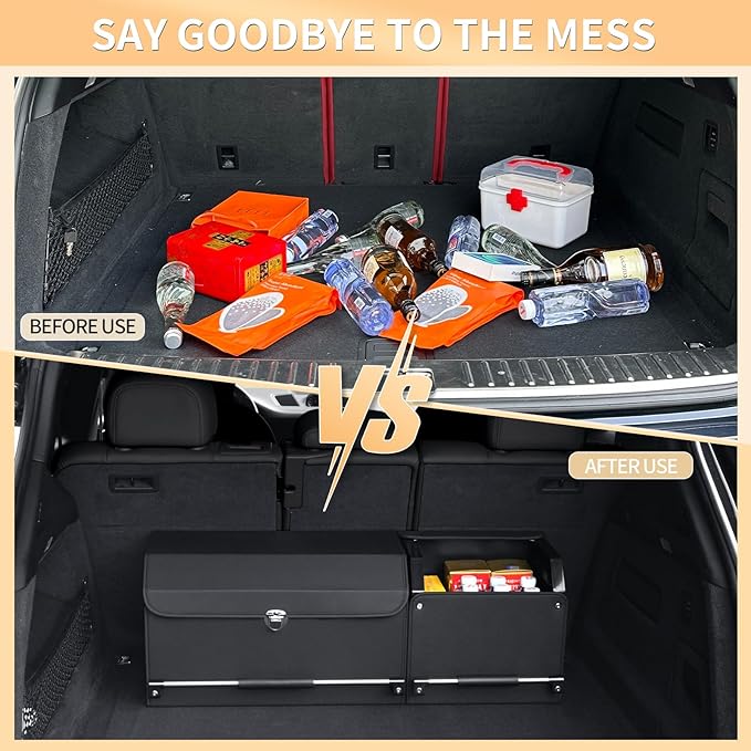 Car Trunk Organizer, Leather Trunk Organizer for SUV with Lid and Sturdy Handle Collapsible Adjustable Storage (Black, 33 x 11.4 x 12.2in)