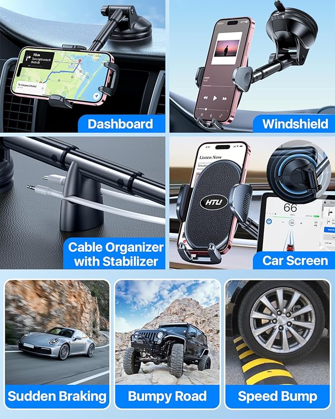 HTU 【Military-Grade Suction】 2025 Cell Phone Holder for Car【Flexible Telescopic Arm】 Car Phone Mount Stand for Dashboard Windshield for iPhone 16 Pro Max 15 14 13 12 Samsung Truck Jeep, Black