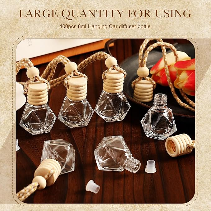 Zubebe 8ml 400pcs Hanging Air Freshener Diffuser Bottle Bulk Empty Glass Perfume Bottles Refillable Aromatherapy Essential Oils Pendant for Auto Interior Ornaments