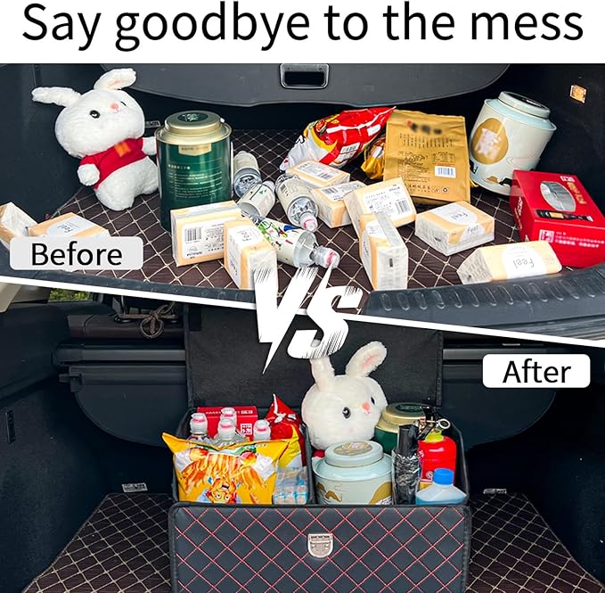 Trunk Organizer for Car With Lid,Foldable Trunk Organizer for SUVs & Sedans,Multi-Functional Leather Storage Box- Black Red Grid - Small