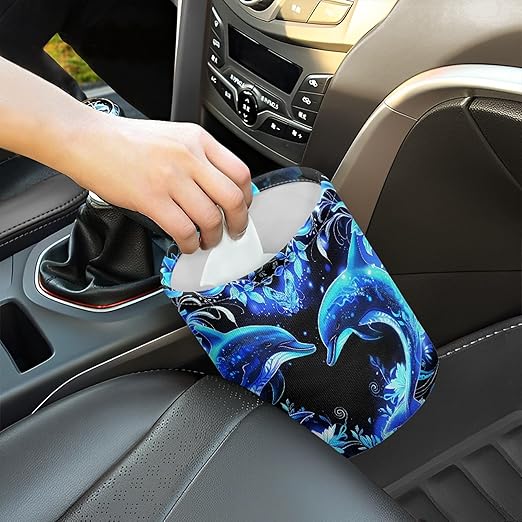 Cute Car Trash Can Blue Dolphin Flowers Print Automotive Accessories for Interior Organizer Truck SUV RV Vehicle Home Office Small Portable Hanging Garbage Bags
