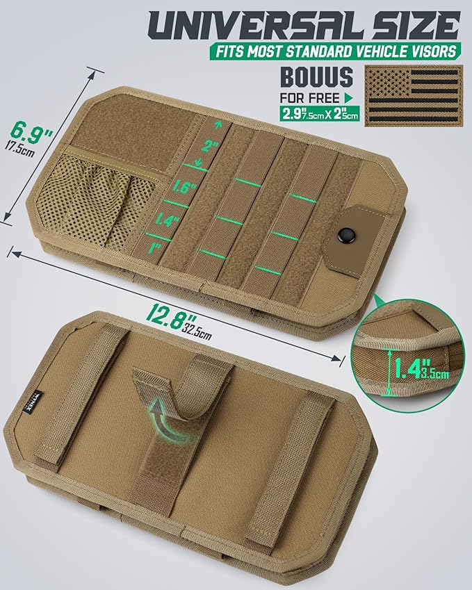 LIVANS Tactical Car Sun Visor Organizer, Automotive Semi-Rigid MOLLE Panel with Zipper Storage Pouch & Glasses Clip, Universal Fit for Trucks, SUVs, Jeeps & Patrol Vehicles (Khaki)