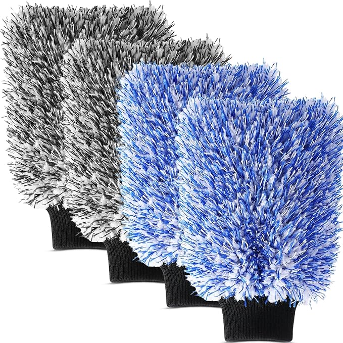 4 Pack Microfiber Car Wash Mitts Set 10x7 Inch Soft Suede Lining Car Wash Gloves, Highly Absorbent Scratch-free Cleaning Cloths for Auto Detailing, Safe with All Soaps, Bucket (Blue & Black)