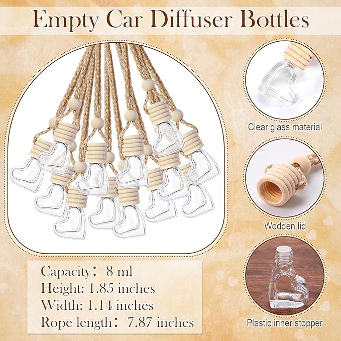 100 Sets Car Diffuser Bottles Empty Bulk Hanging Car Air Freshener Diffuser Bottles Glass Perfume Holder with Instruction Cards for Essential Oil Valentines Birthday Gifts (Heart)