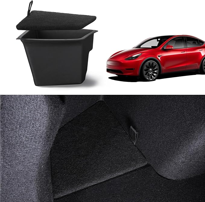BASENOR 2023 2022 2021 Tesla Model 3 Trunk Storage Bin, Trunk Organizer with Carpeted Lid, Waterproof Rear Trunk Side Storage Box for Model 3 Interior Accessories (Not Fit 2024 2025 Model 3)