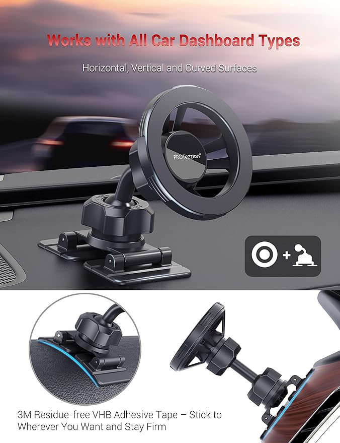 PROfezzion for Metal MagSafe Car Mount, Deluxe Magnetic Phone Holder for Your Car Air Vent or Dashboard Compatible with iPhone 17 16 15 14 13 12 Pro Max Plus Air & All Cell Phones, Ultra Stable Design
