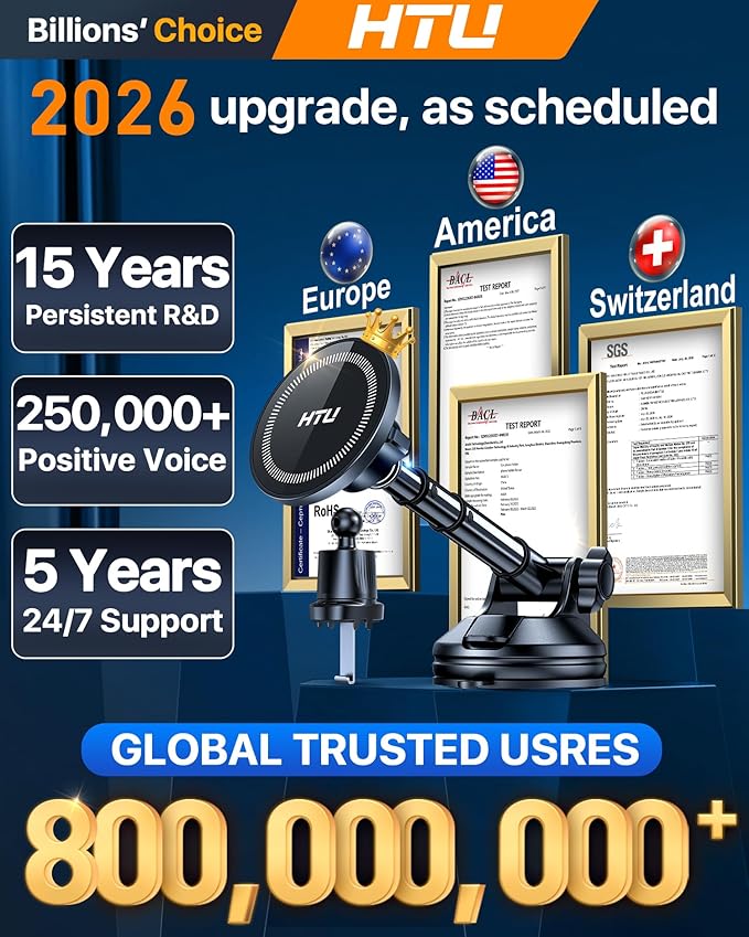 HTU 2025 Upgraded for Magsafe Car Mount [80LBS Strongest Suction & Military-Grade] Powerful Magnetic Cell Phone Holder for Car Dashboard Windshield for iPhone 17 16 15 14 Pro Max Mini,Black