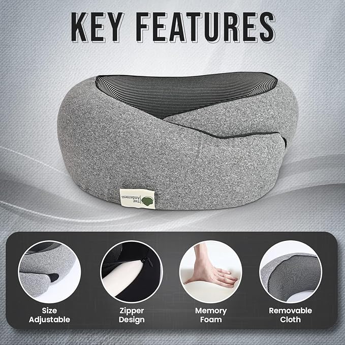 Travel Neck Pillow 100% Memory Foam, Ergonomic 360° Support Pillow for Flights, Car, Office & Train, Breathable Travel Essentials for Adults & Kids, Neck Pain Relief, (GREY)