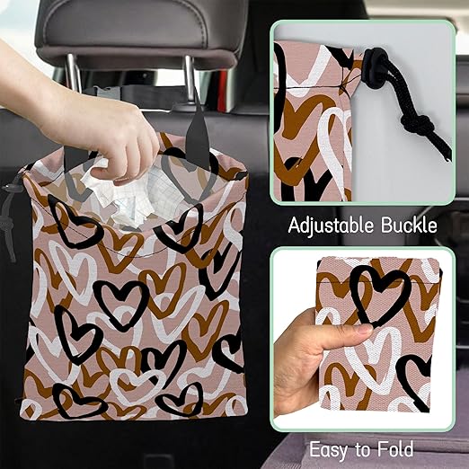 Romantic Hearts Car Trash Bag,Hanging Drawstring Car Garbage Bag,Waterproof Canvas Car Back Seat Organizer with Adjustable Buckle,for Vehicles,SUVs,Camping,Road Trips