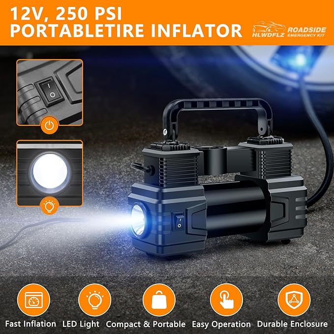 Car Emergency Kit with Portable Air Compressor - Roadside Assistance Emergency Kit with Jumper Cables, First Aid Kit, Auto Tool Set, Winter Safety Kit for Women, Men, Teen (Orange)