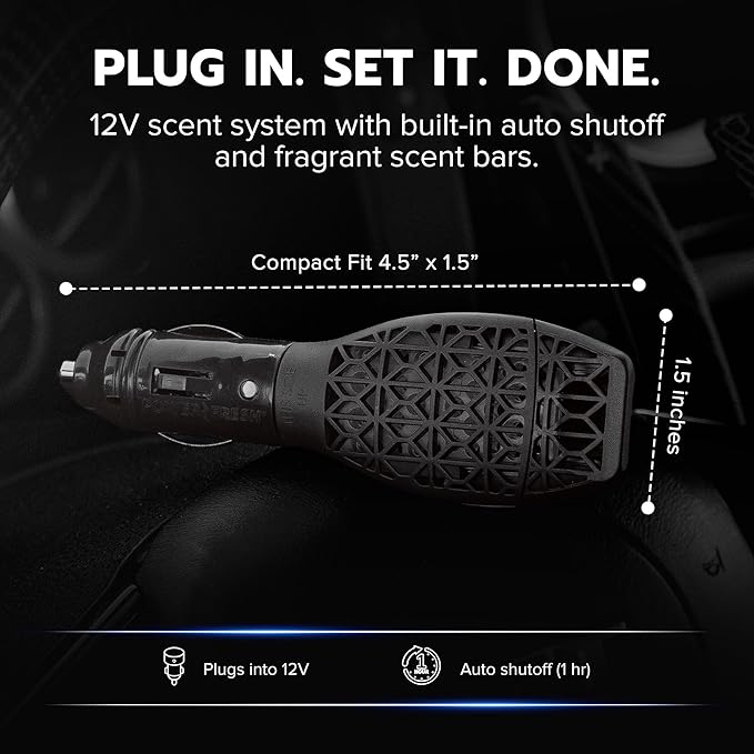 Drive Time Power Fresh 12V Car Air Freshener Bundle – Matte Black Plug-In Diffuser + 6 Long-Lasting Scent Bars (Up to 30 Days Each) – Refillable Automotive Freshener for Clean, Fresh Car Interior