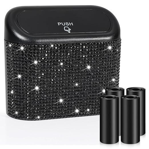 Accmor Bling Car Trash Can with Lid, Mini Auto Garbage Storage Bin with 60pcs Garbage Bags, Sparkling Crystal Trash Bags Holder Dustbin Vehicle Accessories Container Organizer (Black Rhinestone)