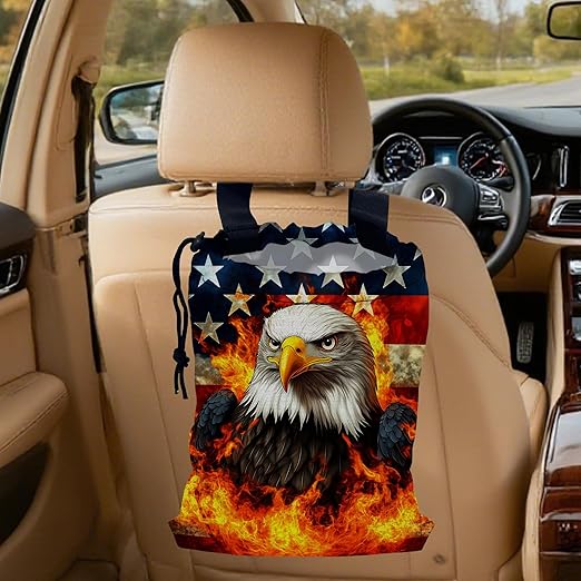 Bald Eagle with American Flag Car Garbage Bag, Small Car Trash Bag Hanging Back of Seat,Drawstring Car Trash Bag with Adjustable Buckle,Car Accessories for Camping Travelling