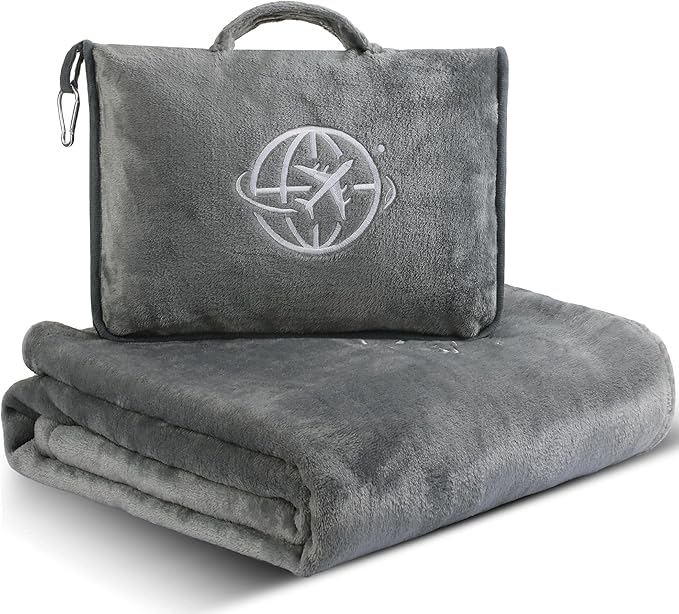 2-in-1 Travel Blanket and Pillow – Lightweight, Compact, Ultra Soft, Machine Washable – Handle, Luggage Sleeve, Backpack Clip – for Travel Airplane, Car, Office (Gray)