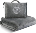 2-in-1 Travel Blanket and Pillow – Lightweight, Compact, Ultra Soft, Machine Washable – Handle, Luggage Sleeve, Backpack Clip – for Travel Airplane, Car, Office (Gray)