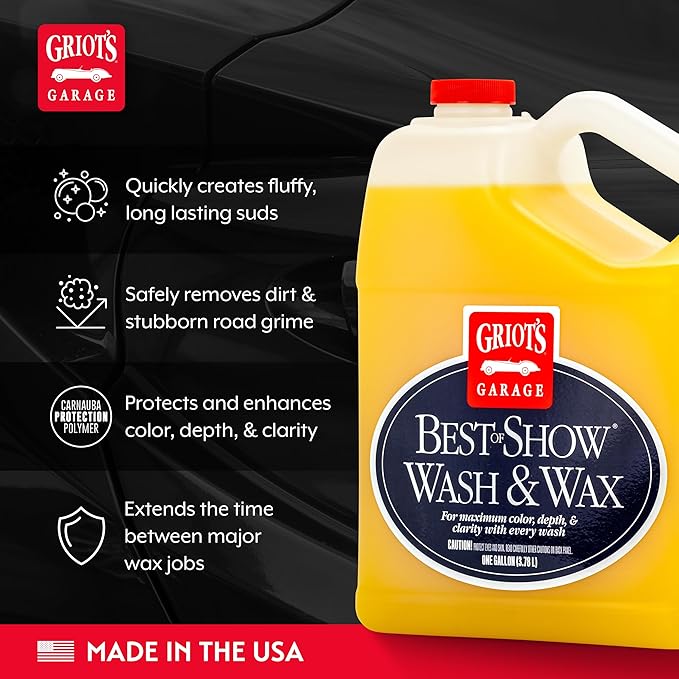 Griot's Garage Best of Show Wash and Wax for Car Detailing and Cleaning, Carnauba-Packed Coating, High Gloss Shine and Protection for Auto Paint, 11396, One Gallon