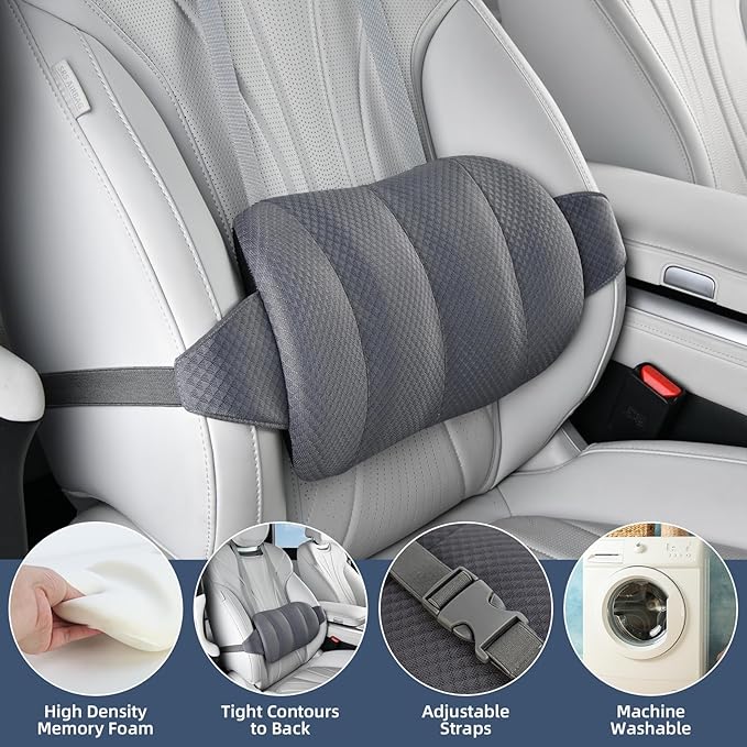 KAYI Lumbar Support Pillow for Car, Memory Foam Lumbar Pillow with Adjustable Straps, Lumbar Support Pillow for Office Chair, Back Support for Car, Sitting, Driving, Traveling (1, Gray)