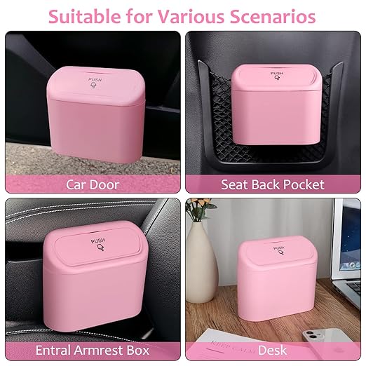 Accmor Car Trash Can with Lid, Leakproof Vehicle Garbage Organizer Holder Bin with 60 Pack Trash Bags, Mini Auto Dustbin Accessories Storage Container for Vans, SUVs, Office (Pink)