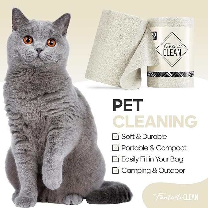 Fantasticlean Microfiber Cleaning Cloth Roll 4 Rolls 240 Pack, Tear Away Paperless Towels, 8" x 8", Reusable Washable Rags, House Kitchen, Pet, Office, Indoor Outdoor, Compact and Portable (Off-White)