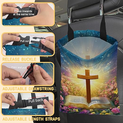 Glowing Bible Cross Car Trash Bag,Colorful Flowers Strap Drawstring Car Garbage Bags,Car Back Seat Organizer with Adjustable Buckle for Car Accessories