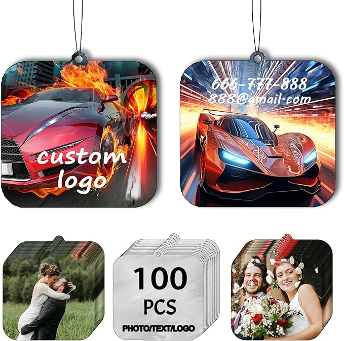 100Pcs Custom Logo Car Bulk Air Fresheners, Double-Sided Custom Air Fresheners with Picture, Personalized Air Freshener for Car, Suitable for Custom Gifts for Branding Business Events (Square)
