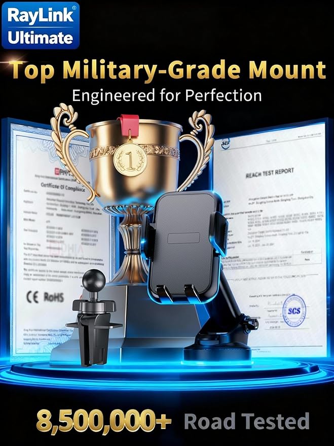 RayLink NO.1 Best Phone Holders for Your Car Ultimate Military-Grade Windshield Dashboard Vent【Upgraded Suction & Clip】 Cell Phone Mount with Patent & Safety Certs for iPhone 17 Pro Max 16 15 Samsung