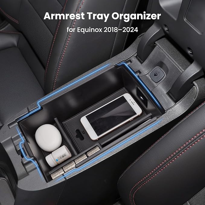 Center Console Organizer Armrest Tray Insert for Chevy Equinox 2018-2024, Accessories for 2018-2024 Equinox Center Console Tray Storage Box, ABS Plastic, Black
