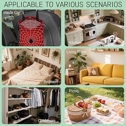 Spider Web Car Trash Bag,Cobweb Trap Hanging Drawstring Car Garbage Bag,Waterproof Canvas Car Back Seat Organizer with Adjustable Buckle,for Vehicles,SUVs,Camping,Road Trips