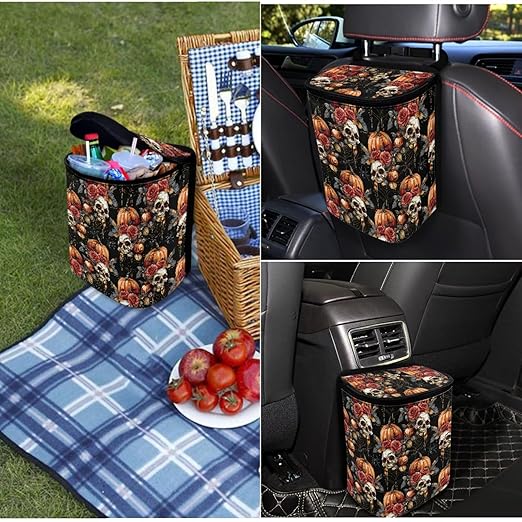 1.2 Gallons Car Trash Can, Halloween Skull Pumpkin Car Garbage Can for Back Seat, Leak-Proof Zipper Seal, Durable Polyester Material Washable, Ideal for Car Interior - Auto Garbage Solution