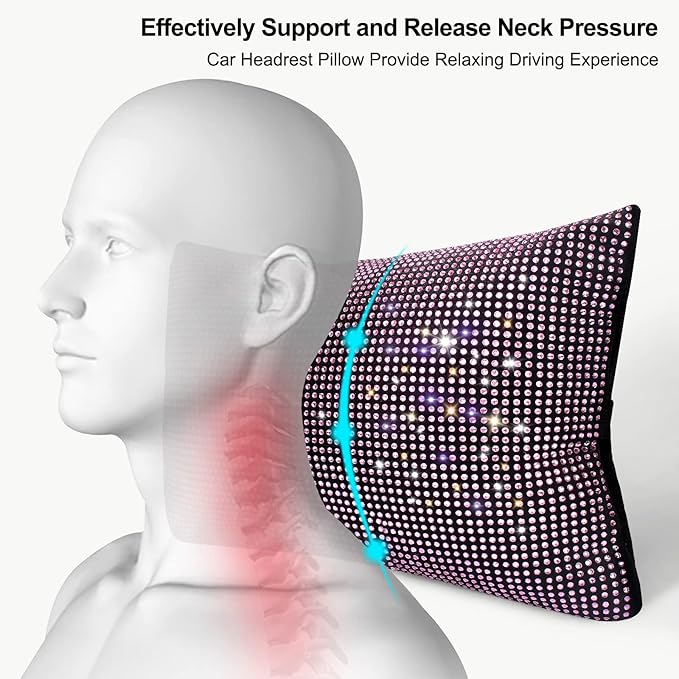 surpassme 2PCS Rhinestone Car Headrest Neck Pillow for Driving with Bling Bling Crystal Bow Pillow Car Accessories for Women (Pink)