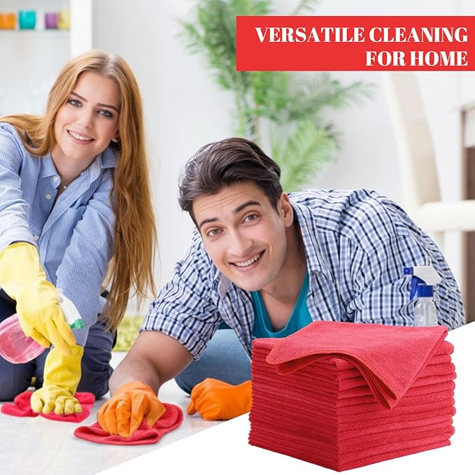 Nuenen 60 Pcs Microfiber Cleaning Cloths for Cars 16 x 16 Inch Ultra Absorbent Car Towels Drying Reusable Cleaning Supplies House Kitchen Window Microfiber Towel (Red)