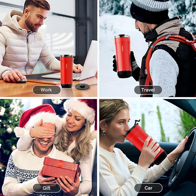 VSITOO S5 heated travel mug,16oz, Auto-Sensing AI Heats Drinks To 120-150°F Hands-Free. Temperature Control for All Cars, Perfect for Home/Office/Travel/Outdoor, Ideal Gift for Coffee Lovers - Red