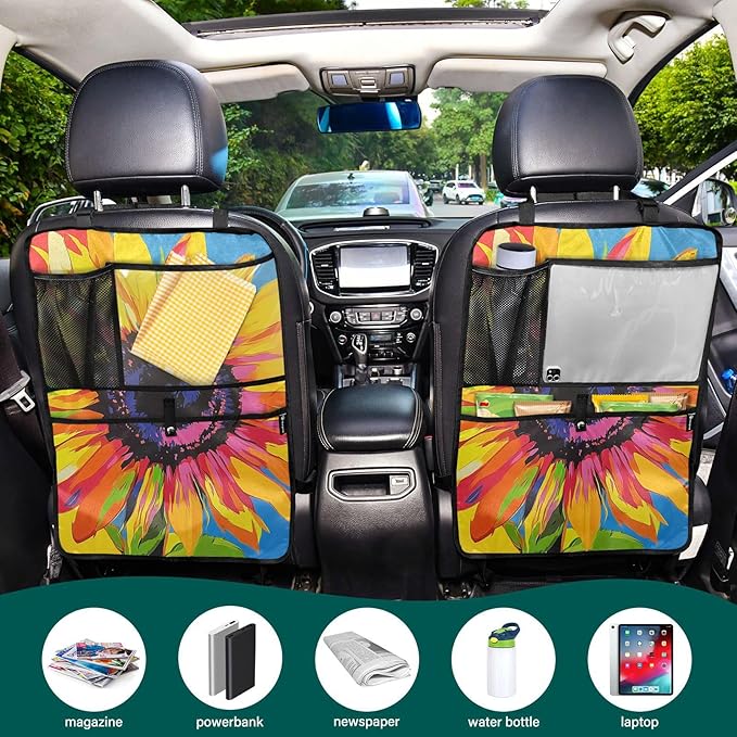 Pop Art Sunflower 2 Pack Backseat Car Organizer with Storage Pockets Seat Back Organizers for Kids Kick Mats Backseat Protector Automotive