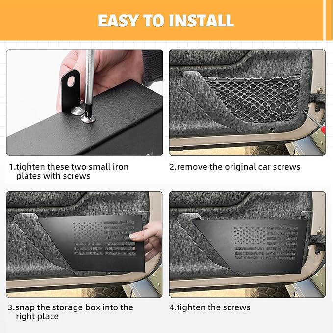 1 Pair Metal Front Door Storage Pockets for 2007-2018 Jeep Wrangler JK JKU - Black Organizer with Tool-Free Install, Anti-Rust Coating & Accessory Mount (US Flag)
