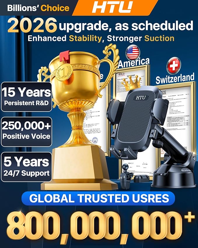 HTU 2026 Upgraded [True Military-Grade] Car Phone Holder【Safety Certs & No Smell】 Cell Phone Holder for Car Mount for Dashboard Windshield Air Vent Long Arm Thick Case,Black