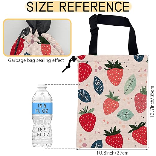 Cartoon Strawberry Car Garbage Bag, Small Car Trash Bag Hanging,Drawstring Car Garbage Bag with Adjustable Buckle for Car Back Seat,SUVs,Camping,Road Trips
