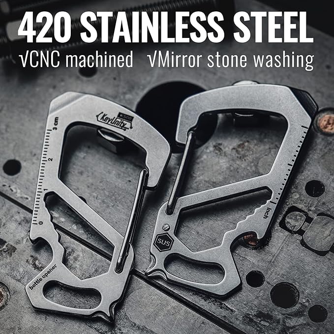 KeyUnity KS00 Carabiner Clip Multitool Stainless Steel 7 Tools in 1, Quick Release Clasp, Wrench, Cross Screwdriver, Slotted Screwdriver, Bottle Opener, Ruler, Key Holder (Silver)