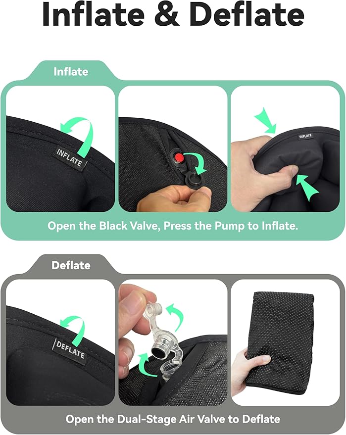 Inflatable 3D Travel Cushion for Airplane, Tailbone Pain Relief Seat Pad with Ergonomic Support, Anti-Slip Bottom, Built-in Pump & Carry Bag for Travel/Office/Car – 36 Air Cells, Green