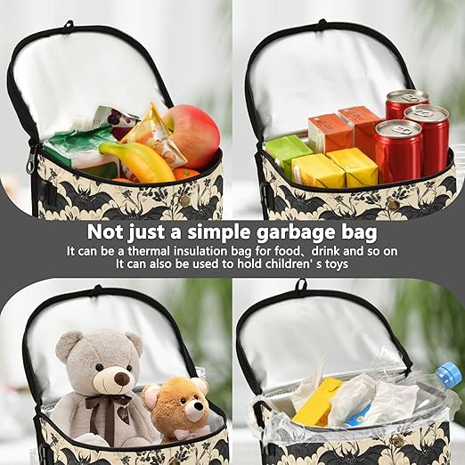 MNSRUU Car Trash Can with Lid, Bats and Flowers Vintage Car Trash Bag Hanging Organizers and Storage for Front Back Seat, Leak-Proof Trash Bin