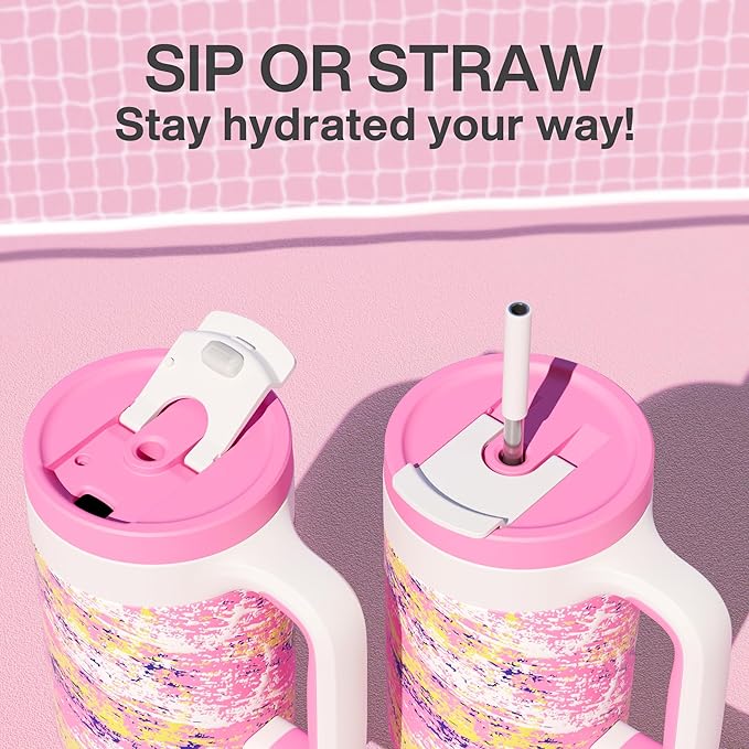 POWCAN 40 oz Tumbler with Handle, 2-in-1 Straw and Sip Lid, Leakproof, Dishwasher Safe, Insulated Stainless Steel Travel Coffee Mug, Keeps Cold for 34 Hours, Fits in Car Cup Holder (Pink Ladies)